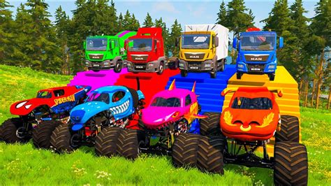 5 Monster Trucks Vs Big Small Mcqueen Vs Slide Colors With Trains Vs