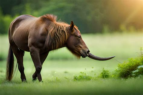 a horse with long horns grazing on grass. AI-Generated 32603177 Stock ...