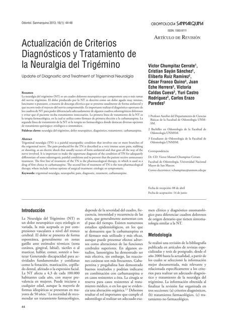 Actualización de Criterios Diagnósticos y Tratamiento de Neuralgia del