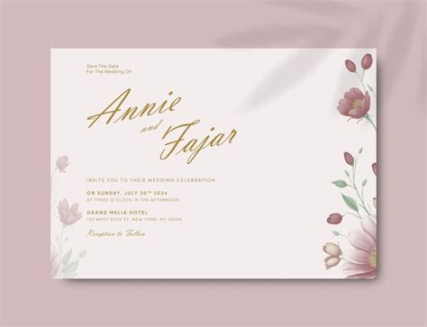 Hochzeits Einladungskarten Vorlage Mit Blumen Aquarell Premium Vektor