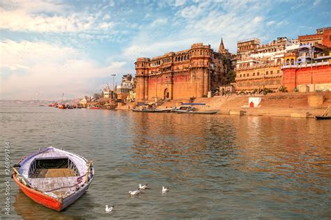 Ancient Varanasi India City Architecture With View Of Ganges River Ghat