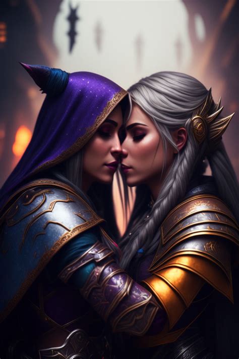 Jaina Lesbian Couple Kissing Embracing One Other Jaina Proudmoore