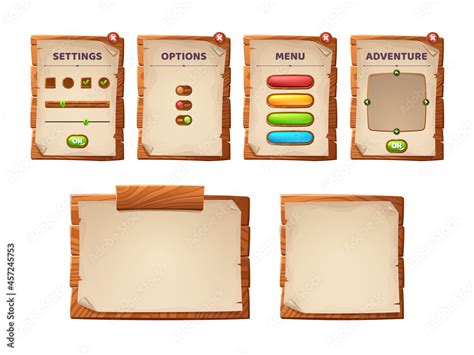 Vettoriale Stock Game Ui Scrolls Wooden Boards And Antique Parchments