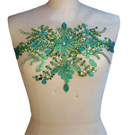 Green Embroidery Beaded Crystal Rhinestone Applique Patch Etsy