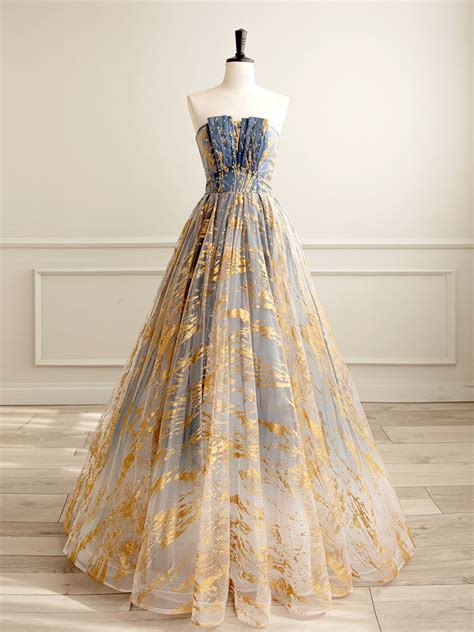 A-Line Tulle Gold/Blue Long Prom Dress, Blue Formal Evening Dress – shopluu