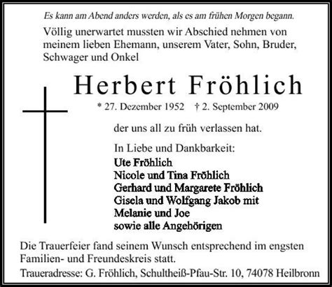 Traueranzeigen Von Herbert Fr Hlich Trauerundgedenken De