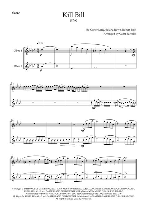 Kill Bill Arr Cadu Barcelos By Sza Sheet Music For Oboe Duet At