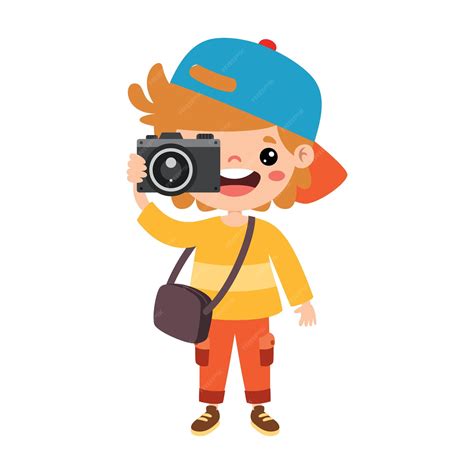 Premium Vector | Little cartoon kid taking photo