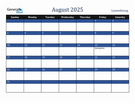 August 2025 Luxembourg Holiday Calendar