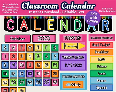 Rainbow Crayons Calendar Bundle Editable Classroom Calendar Canva Templates Teacher Resources