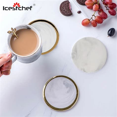 Icestchef Marble Ceramic Coaster Plating Gold Ceramic Coaster Cup Mats