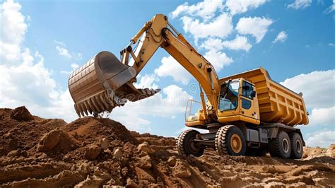 Heavy Duty Construction Machinery At Work A Powerful Excavator Loads