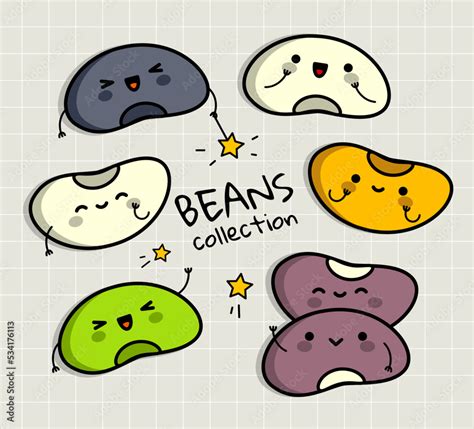 Kawaii beans collection. Cute kawaii characters. Happy beans in cartoon style. Kawaii legume ...