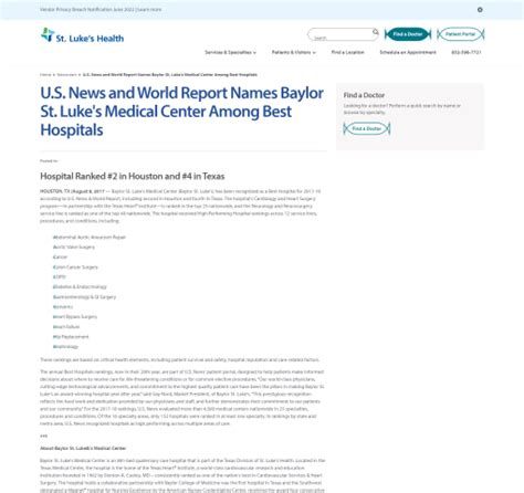 U S News And World Report Names Baylor St Lukes Medical Center Among