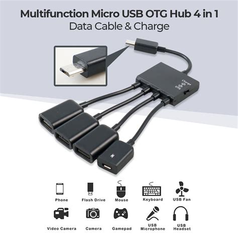 Multifunction Micro Usb Otg Hub 4in1 Data Cable And Charge 3 Port M3h4 Black