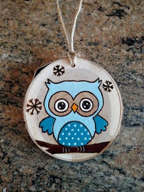 Personalized Blue Owl Wood Burned Christmas Ornament