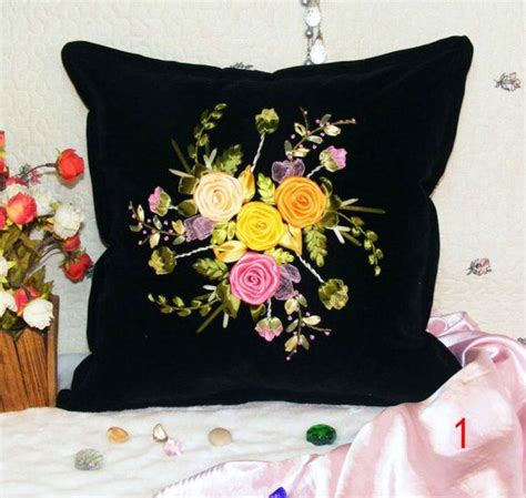 DIY Ribbon Embroidery Kit Rose Flower Bouquet Printed Pattern Cushion