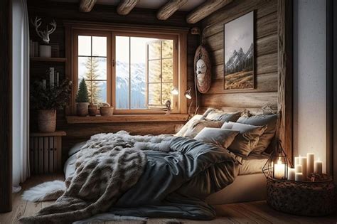 Cozy chalet bedroom with plush bed fluffy pillows and charming decor ...