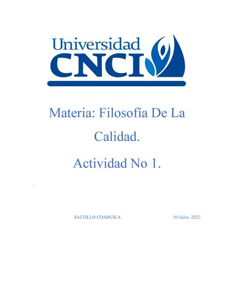 Filosofia De Calidad Actividad 1 nuevo Materia Filosofía De La