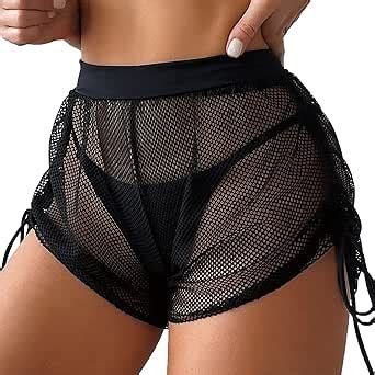 Women S Drawstring Side Sheer Mesh Bikini Bottoms Sexy See Through Cover Up Shorts Bathing Suit