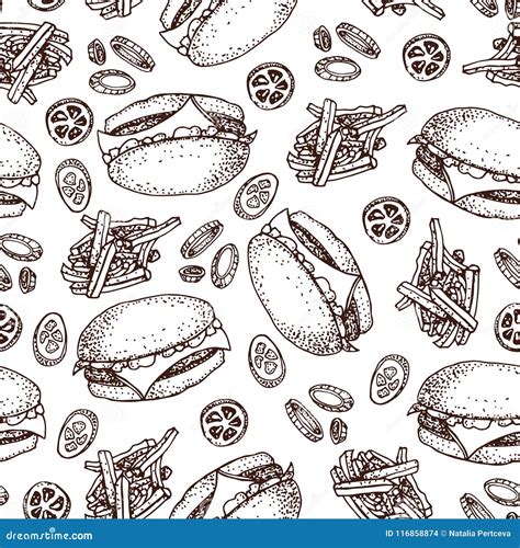 Vector Hand Drawn Seamless Pattern Of Burgers French Fries Tomato And