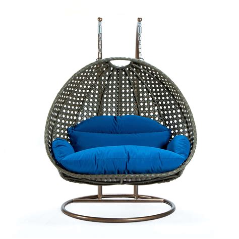 Wicker Hanging Egg Swing Chair - Double Seater - Beige w/Blue Seat by LeisureMod