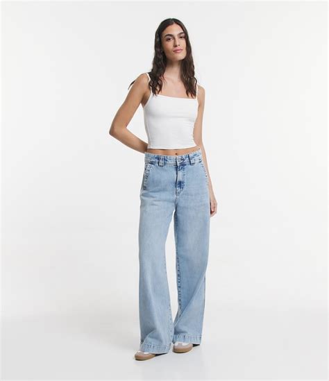 Calça Wide Leg Jeans Renner - Calça Wide Leg em Jeans com Bolsos Azul - Renner