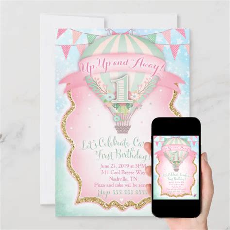Gc Hot Air Balloon First Birthday Caroline Invitation Zazzle