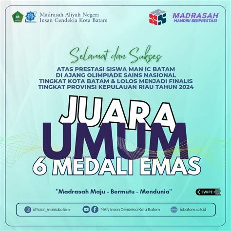 Raih Medali Emas Man Ic Batam Juara Umum Osn Tingkat Kota Batam