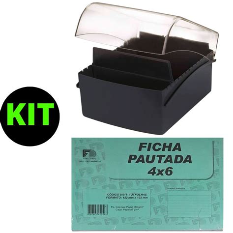 Kit Fichário De Mesa 4x6 Preto Waleu Mais Ficha Pautada 4x6 no Shoptime