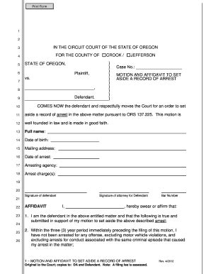 Fillable Online Courts Oregon Motion Affidavit To Set Aside Record Of