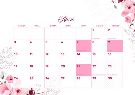 Calendario Floral Rosa Abril Fazendo A Nossa Festa