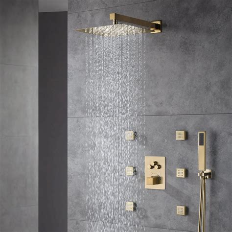 12 Or 6 Brushed Gold Wall Mounted 3 Way Thermostatic Shower System