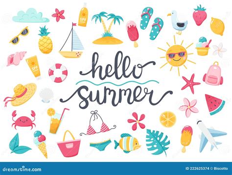 Summer Set With Lettering And Cute Beach Elements Bikini Flip Flops Fruits Flowers Palm