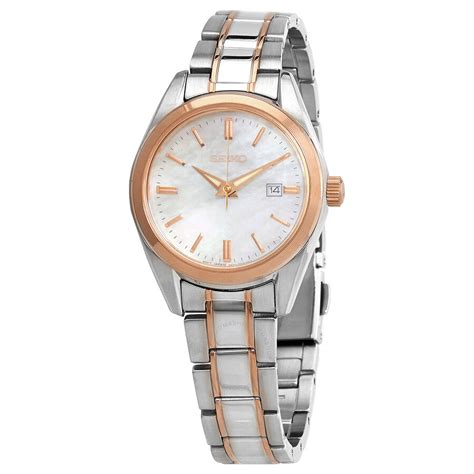 Seiko Quartz White Mother Of Pearl Dial Two Tone Ladies Watch Sur634p1