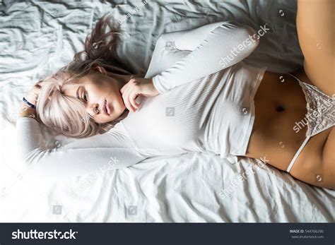 Sexy Blonde Girl White Lingerie Lying Stock Photo Edit Now 544766290