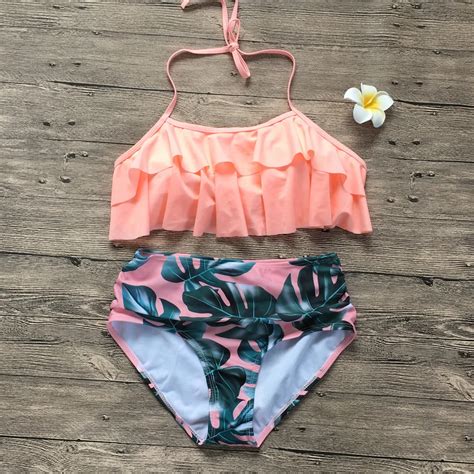 Belleziva Palm Leaf Ruffled High Waisted Bikini Set Women Summer