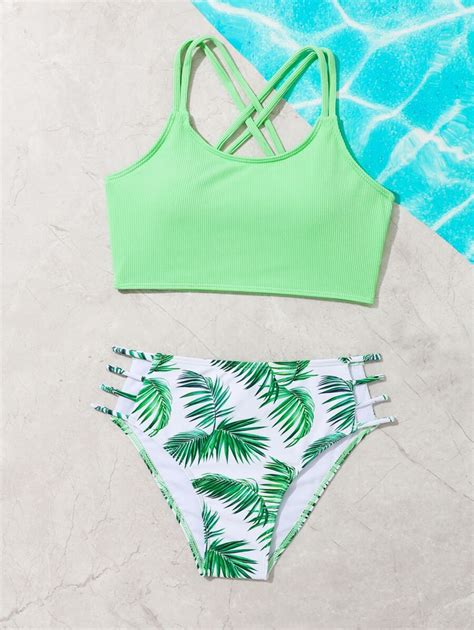 Tween Girl Tropical Print Criss Cross Cut Out Waist Bikini Set Summer Beach SHEIN EUR