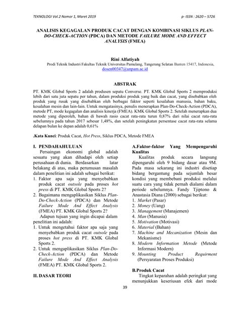 Pdf Analisis Kegagalan Produk Cacat Dengan Kombinasi Siklus Plan Do