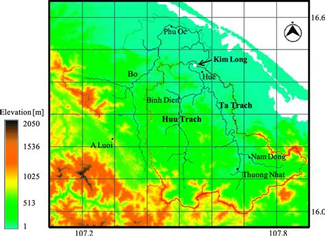 The targeted basin of the Hương River in Vietnam (red line), with the ...