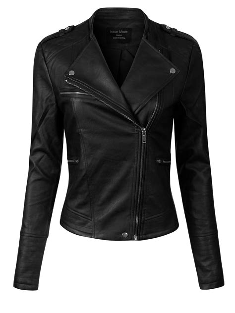 Made By Olivia Womens Long Sleeve Zipper Closure Moto Biker Faux Leather Jacket