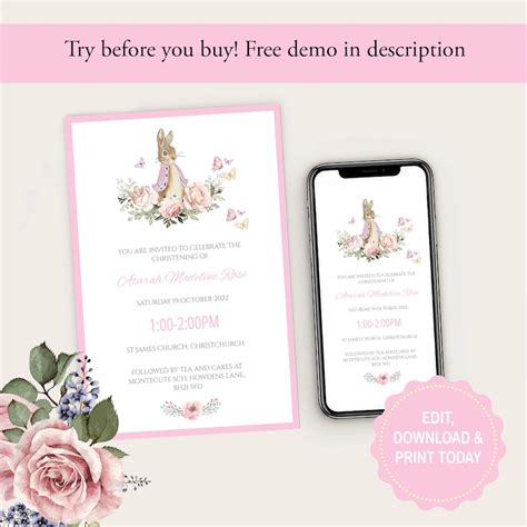 Editable Peter Rabbit Invitations Printable Digital File Jpeg Flopsy