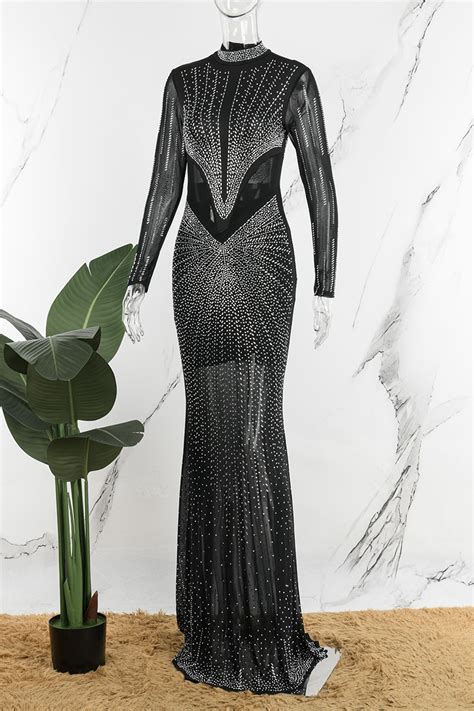 Wholesale Rose Red Sexy Patchwork Hot Drilling See Through Half A Turtleneck Long Dress Dresses