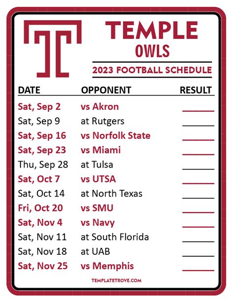 Printable 2023 Temple Owls Football Schedule