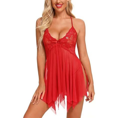 Ensemble de Lingerie Sexy en Dentelle pour Femmes Nuisette asymétrique Transparente rouge