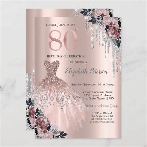 Glitter Drips Dress Roses Rose Gold 80th Birthday Invitation Zazzle