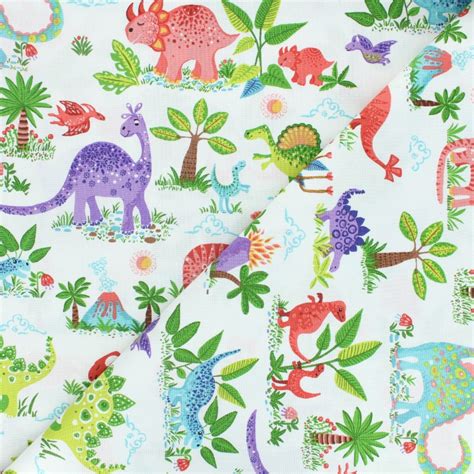 Tissu Coton Makower UK Dino Friends Scene Blanc MPM