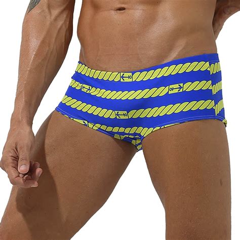 Botmois Men Print Swim Boxer Briefs Drawstring Waistband Bikini Trunks