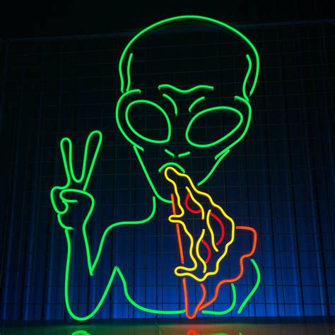 Handmadetneonsign Alien Eating Pizza Neon Sign Pizza Alien Neon Light