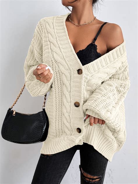 Shein Frenchy Solid Button Front Cable Knit Cardigan Shein Usa